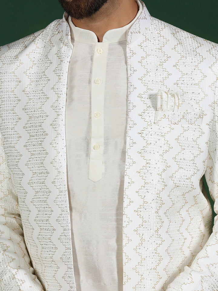 White Cotton Blend Kurta Sherwani Pyjama Set For Men With Embroidered Work | SHOBITAM