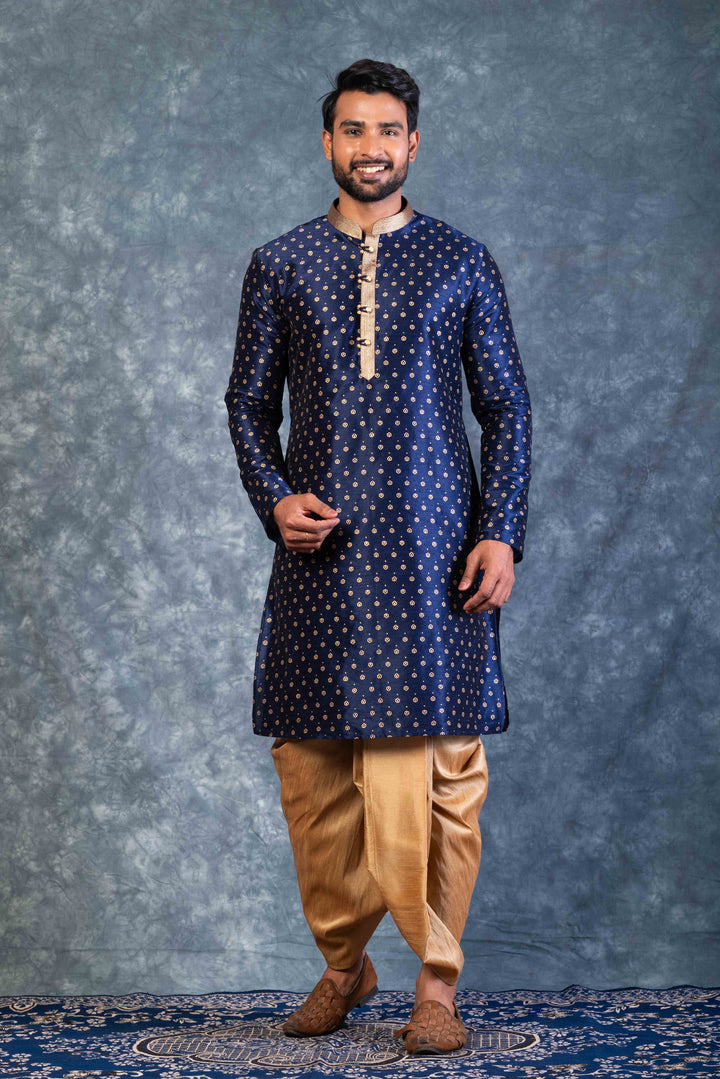 Prakatha Blue Silk Blend Kurta Dhoti Set For Men With Embroidered Work | SHOBITAM