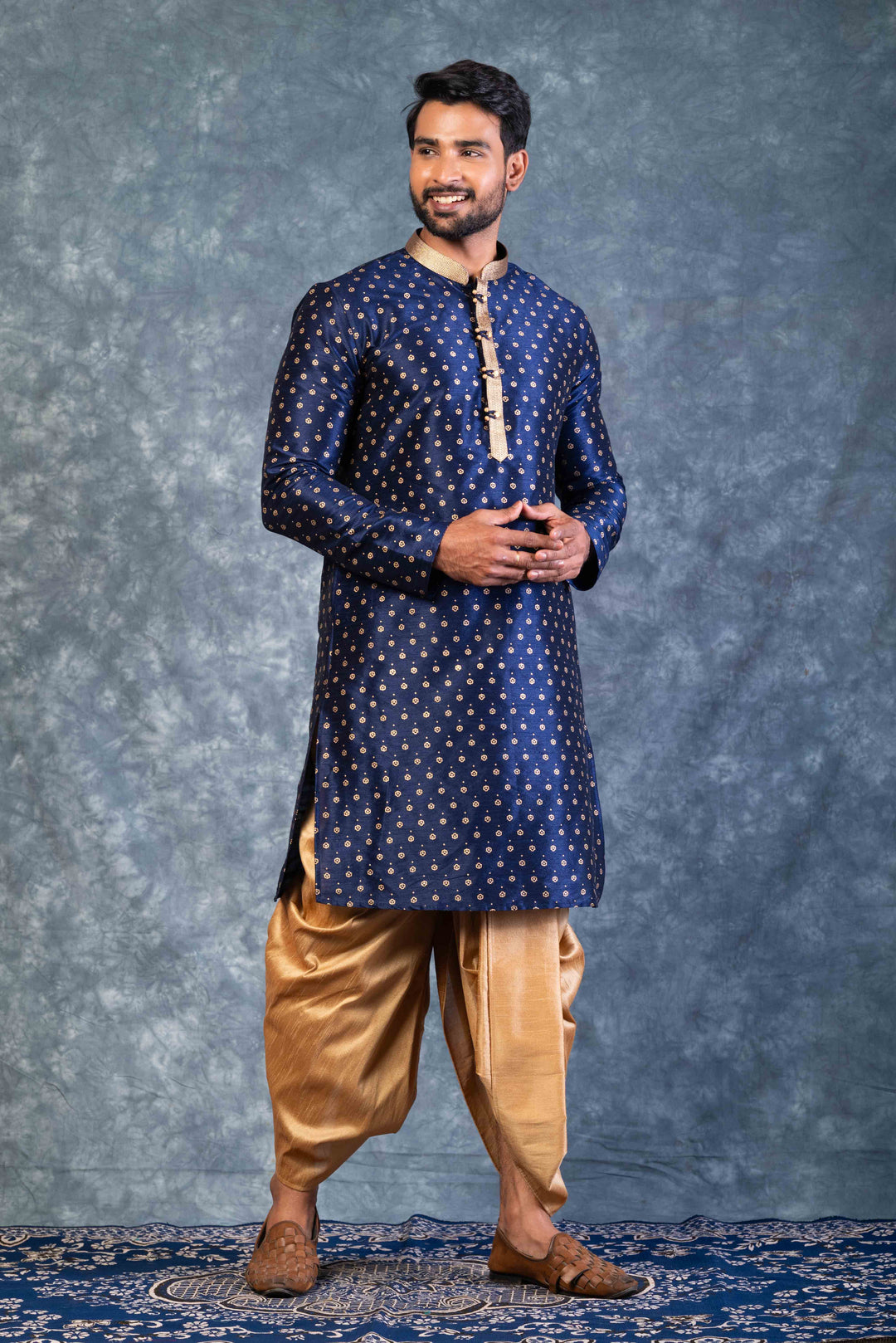 Prakatha Blue Silk Blend Kurta Dhoti Set For Men With Embroidered Work | SHOBITAM