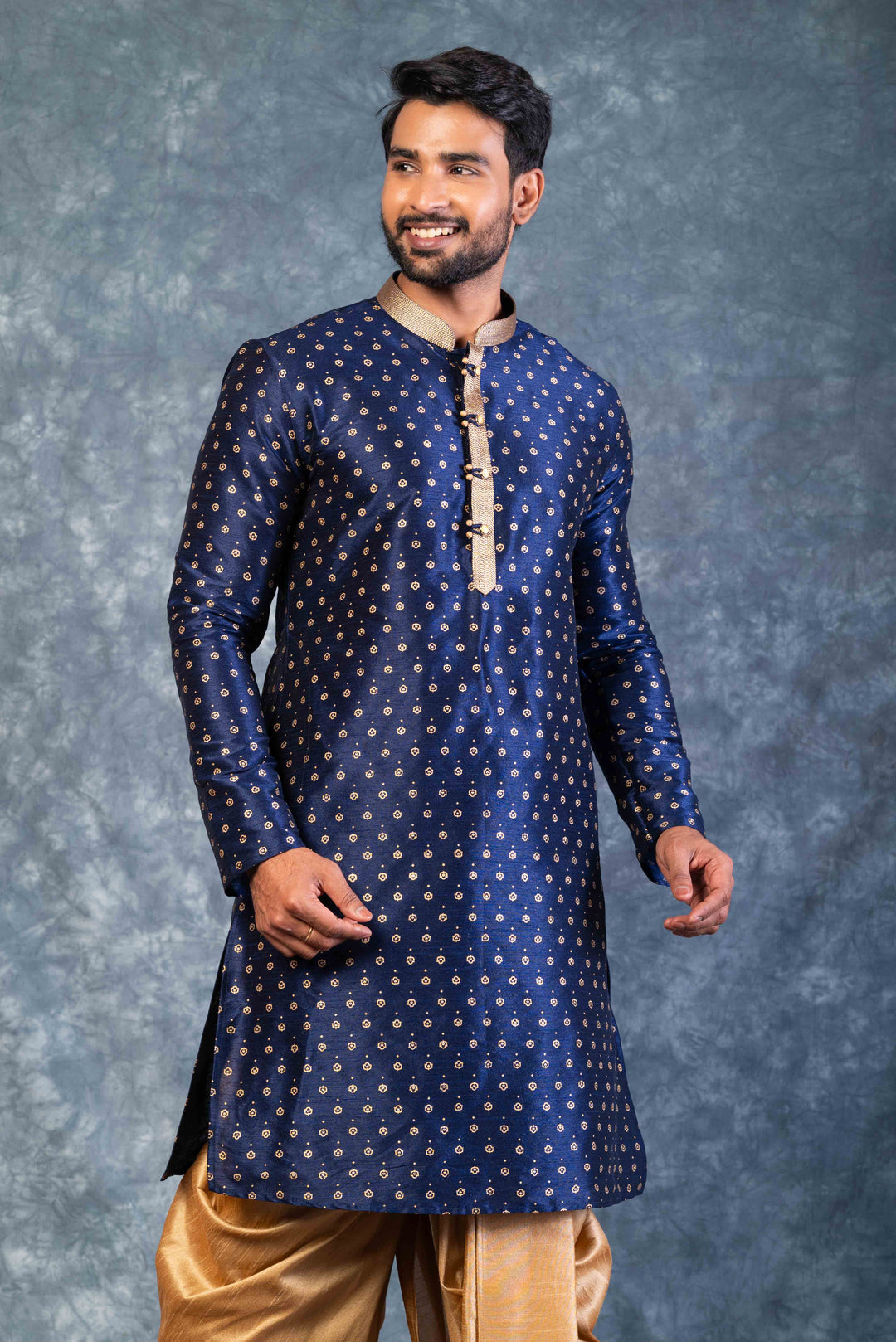 Prakatha Blue Silk Blend Kurta Dhoti Set For Men With Embroidered Work | SHOBITAM