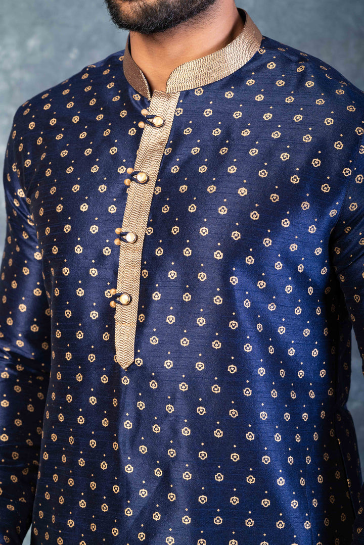Prakatha Blue Silk Blend Kurta Dhoti Set For Men With Embroidered Work | SHOBITAM