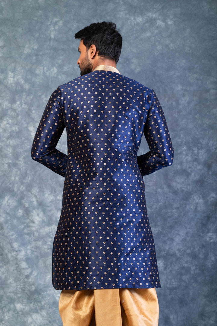 Prakatha Blue Silk Blend Kurta Dhoti Set For Men With Embroidered Work | SHOBITAM