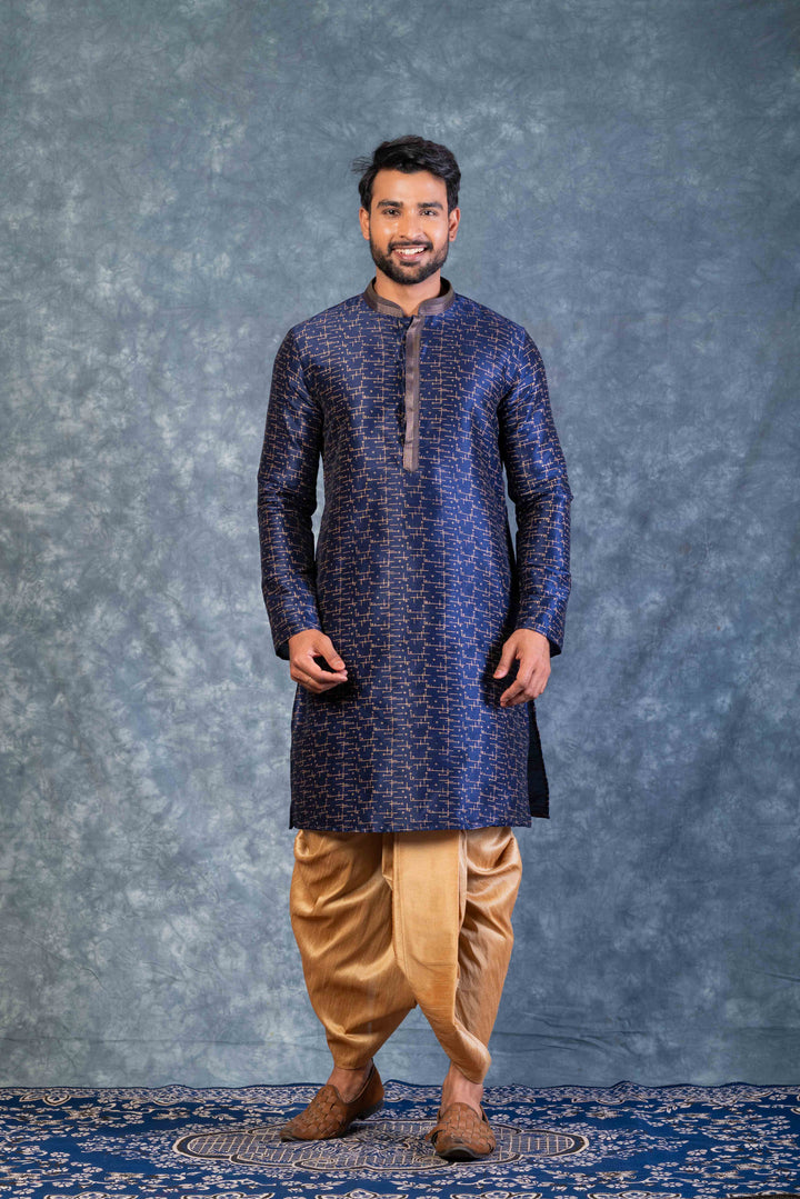 Prakatha Blue Silk Blend Kurta Dhoti Set For Men With Embroidered Work | SHOBITAM
