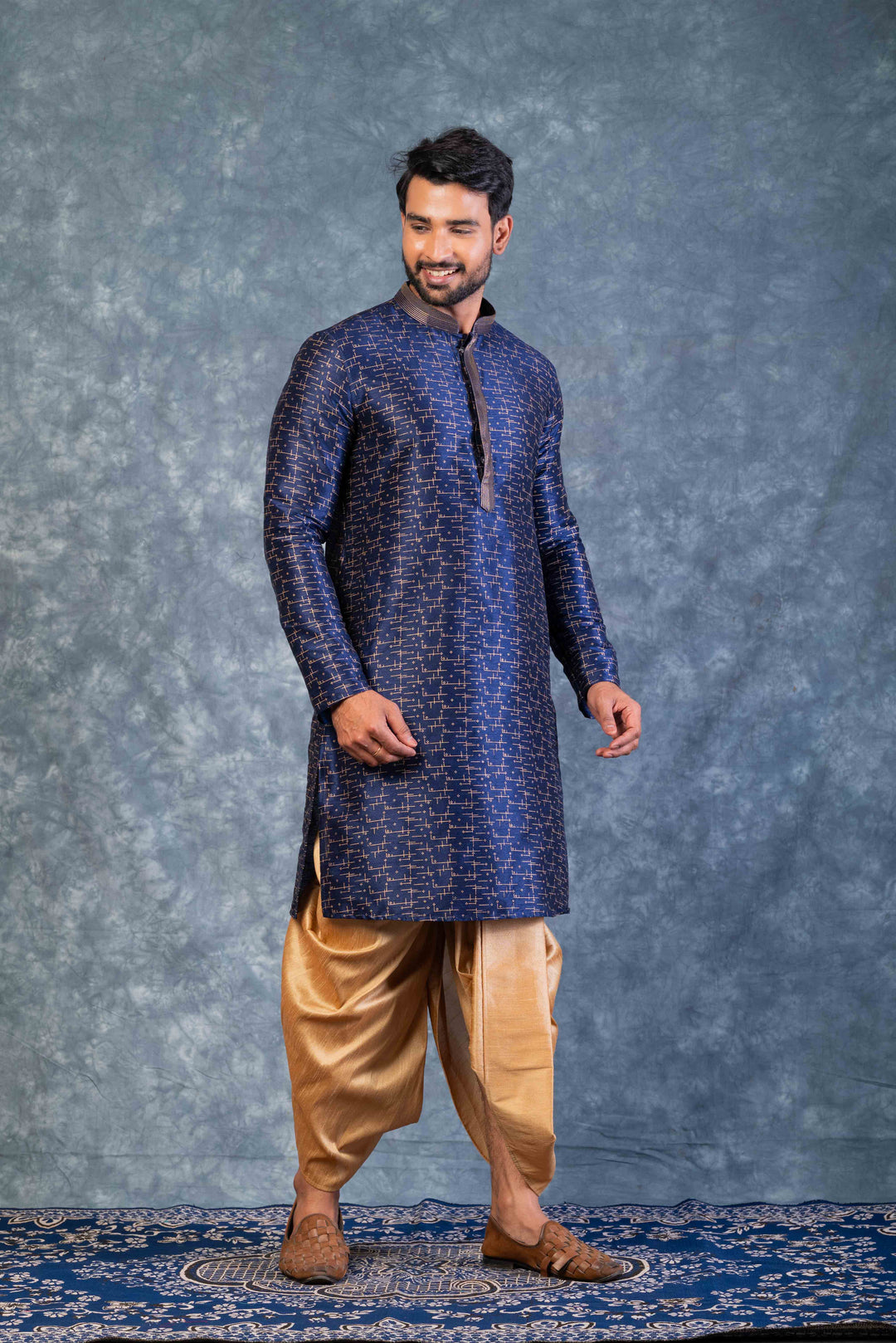 Prakatha Blue Silk Blend Kurta Dhoti Set For Men With Embroidered Work | SHOBITAM