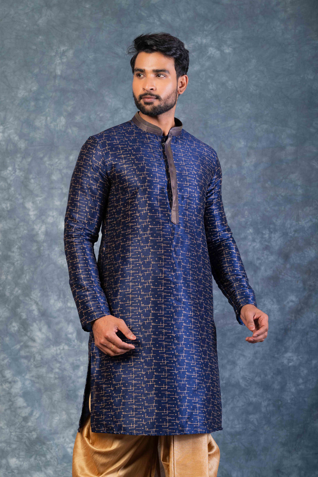 Prakatha Blue Silk Blend Kurta Dhoti Set For Men With Embroidered Work | SHOBITAM