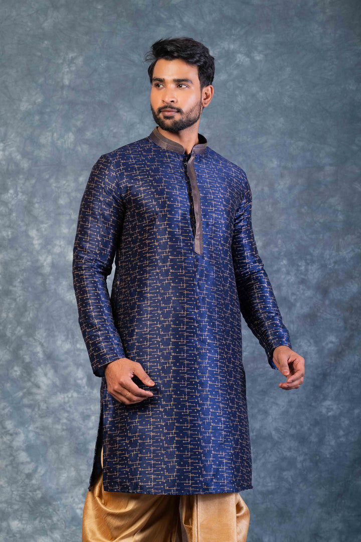 Prakatha Blue Silk Blend Kurta Dhoti Set For Men With Embroidered Work | SHOBITAM