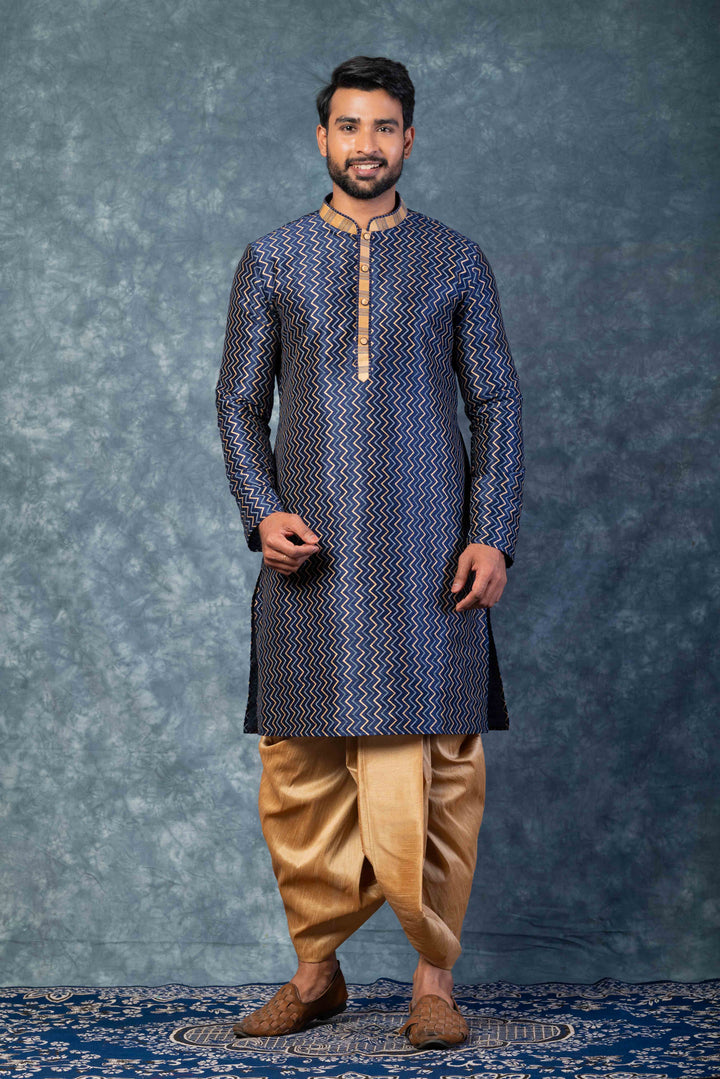 Prakatha Blue Silk Blend Kurta Dhoti Set For Men With Embroidered Work | SHOBITAM