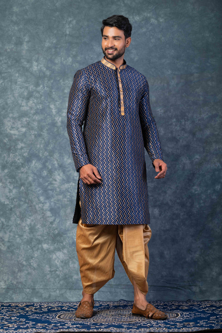 Prakatha Blue Silk Blend Kurta Dhoti Set For Men With Embroidered Work | SHOBITAM