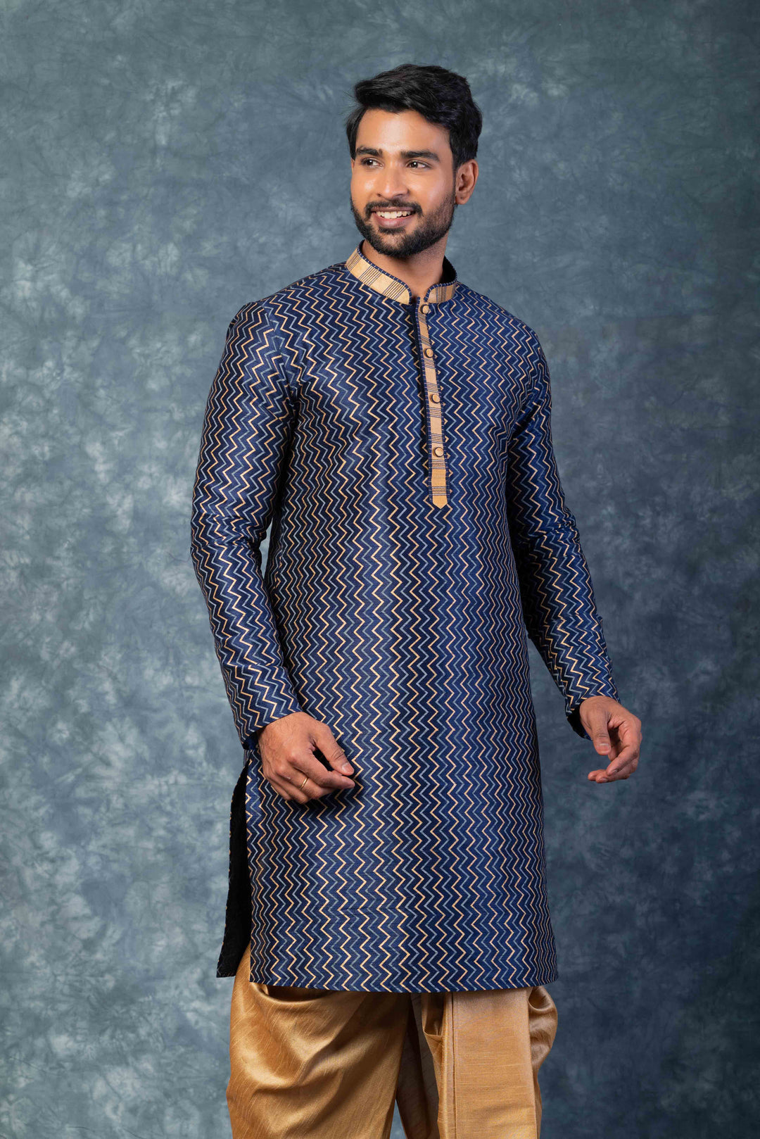 Prakatha Blue Silk Blend Kurta Dhoti Set For Men With Embroidered Work | SHOBITAM