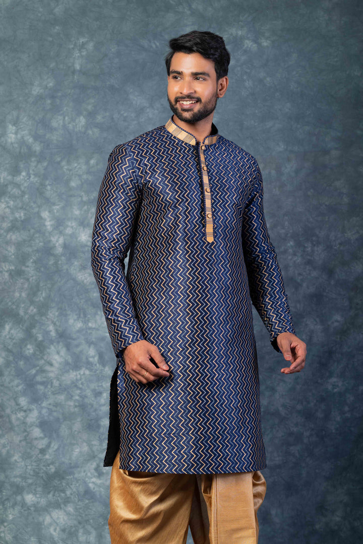 Prakatha Blue Silk Blend Kurta Dhoti Set For Men With Embroidered Work | SHOBITAM