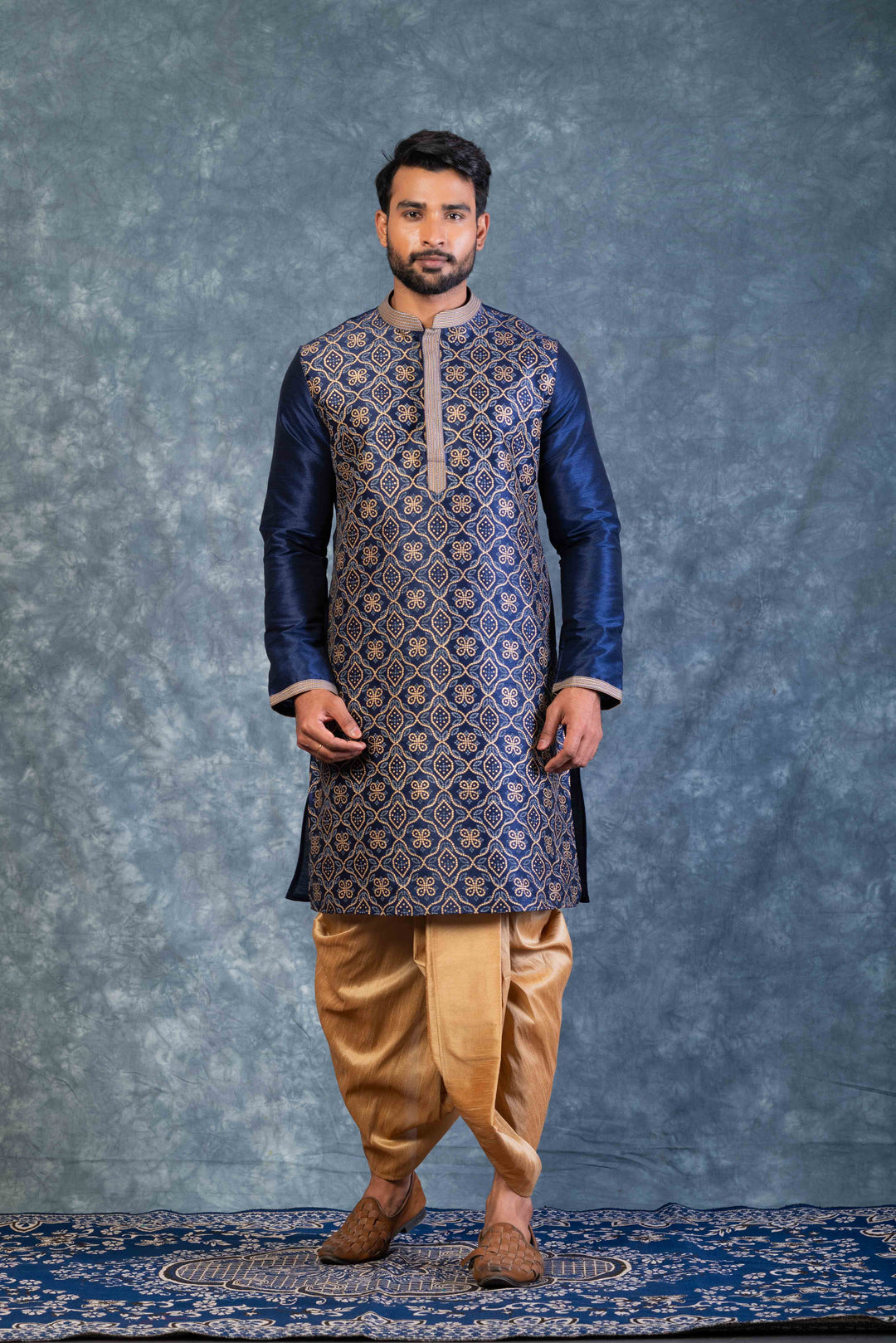 Prakatha Blue Silk Blend Kurta Dhoti Set For Men With Embroidered Work | SHOBITAM