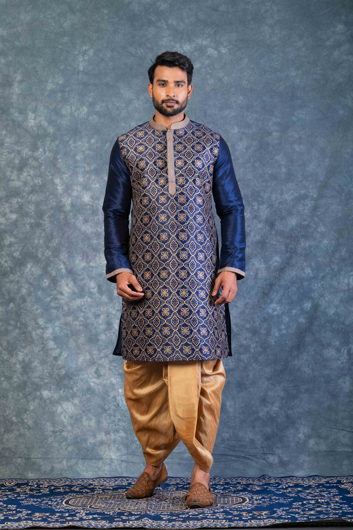 Prakatha Blue Silk Blend Kurta Dhoti Set For Men With Embroidered Work | SHOBITAM