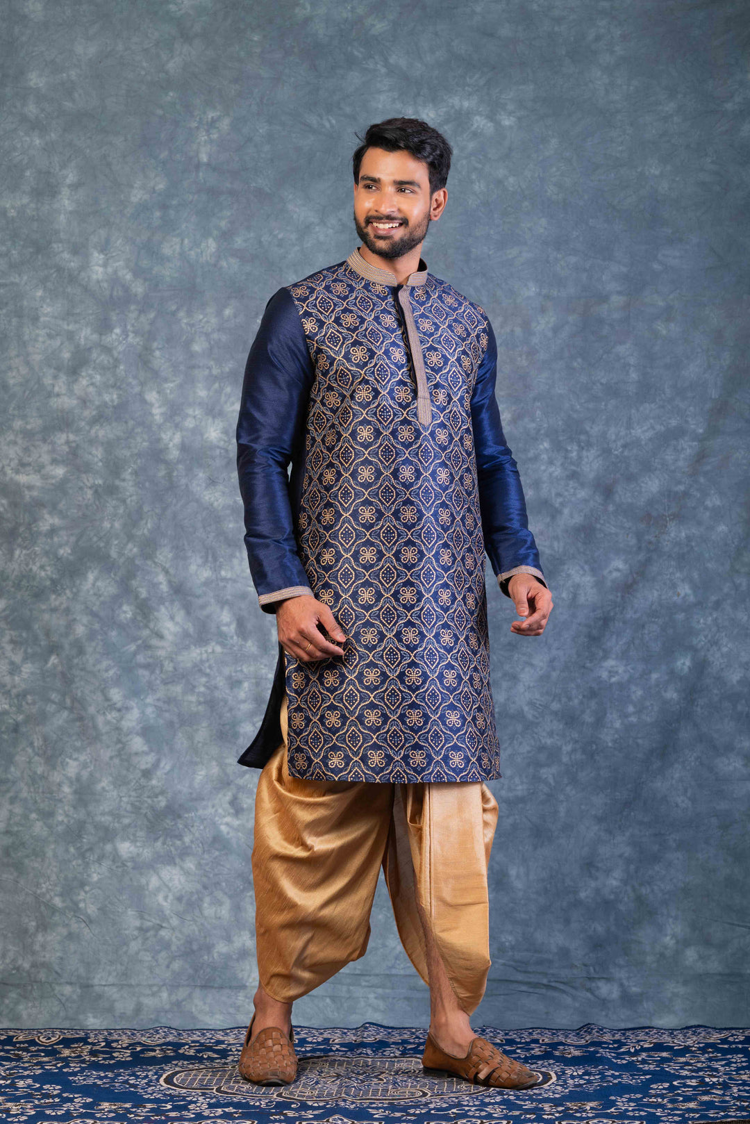 Prakatha Blue Silk Blend Kurta Dhoti Set For Men With Embroidered Work | SHOBITAM