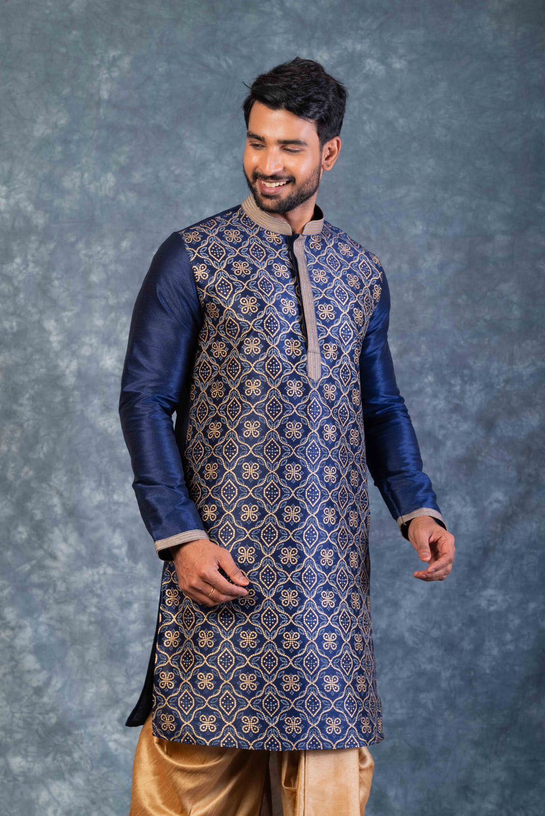 Prakatha Blue Silk Blend Kurta Dhoti Set For Men With Embroidered Work | SHOBITAM