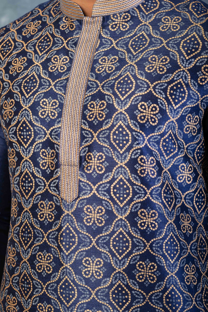 Prakatha Blue Silk Blend Kurta Dhoti Set For Men With Embroidered Work | SHOBITAM
