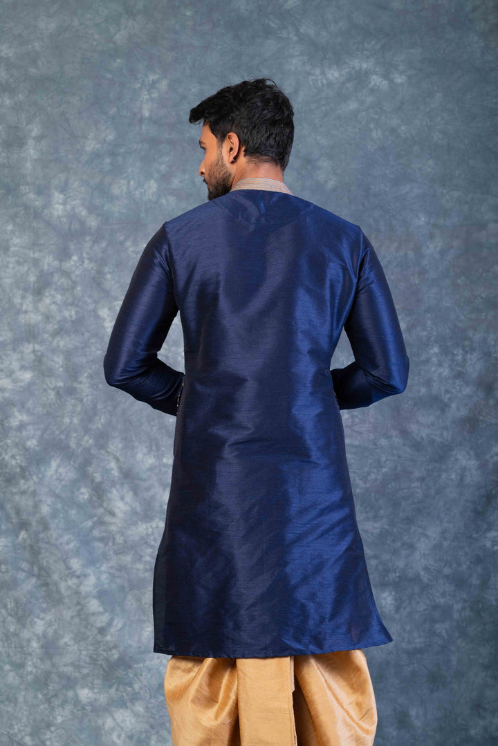Prakatha Blue Silk Blend Kurta Dhoti Set For Men With Embroidered Work | SHOBITAM