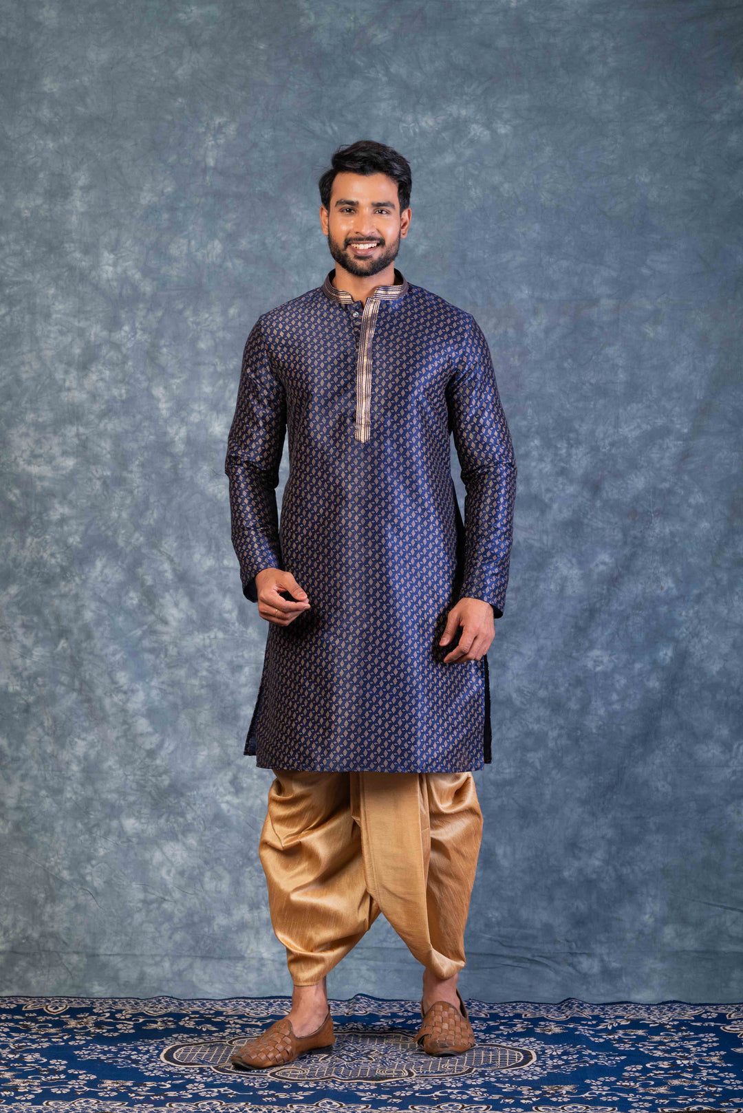 Prakatha Blue Silk Blend Kurta Dhoti Set For Men With Embroidered Work | SHOBITAM