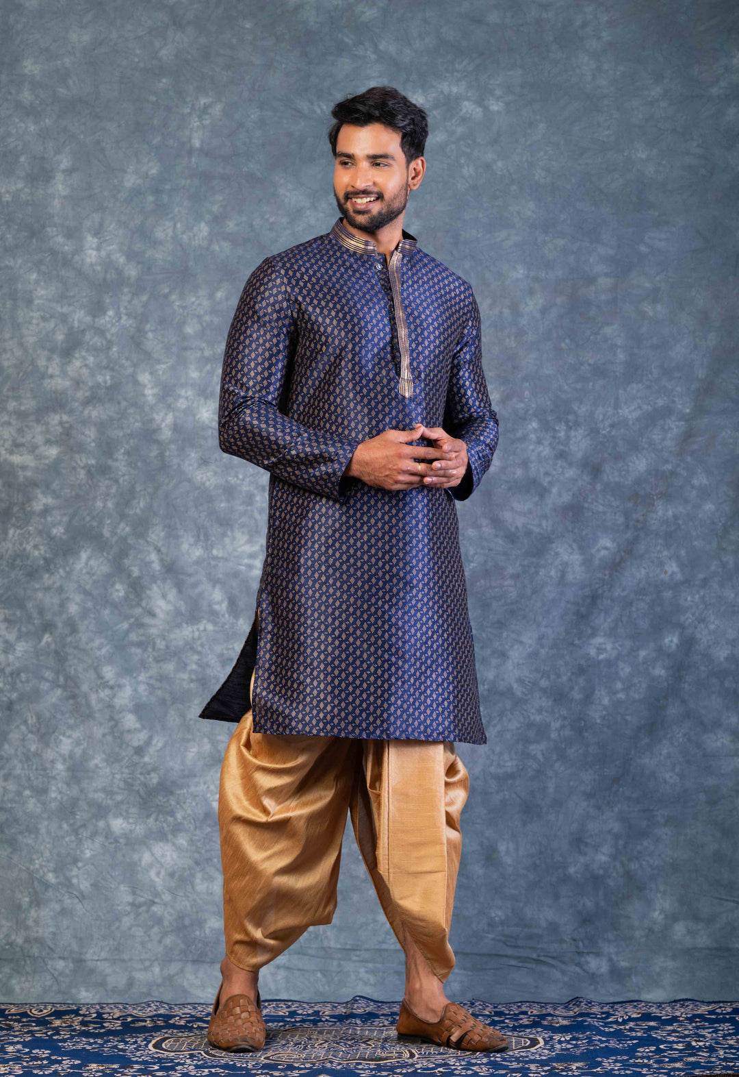 Prakatha Blue Silk Blend Kurta Dhoti Set For Men With Embroidered Work | SHOBITAM