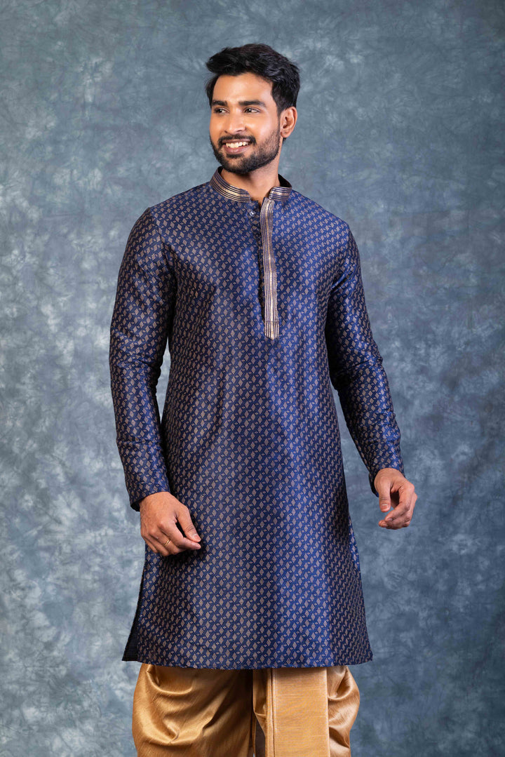 Prakatha Blue Silk Blend Kurta Dhoti Set For Men With Embroidered Work | SHOBITAM