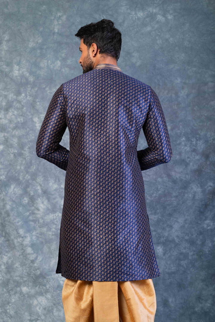 Prakatha Blue Silk Blend Kurta Dhoti Set For Men With Embroidered Work | SHOBITAM