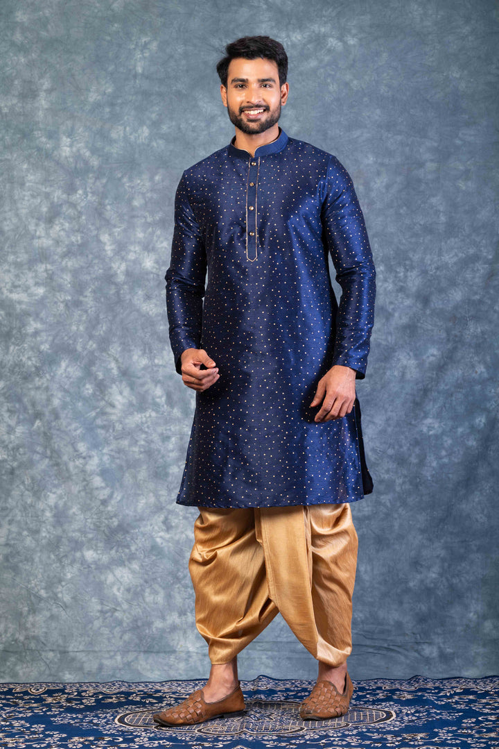 Prakatha Blue Silk Blend Kurta Dhoti Set For Men With Embroidered Work | SHOBITAM