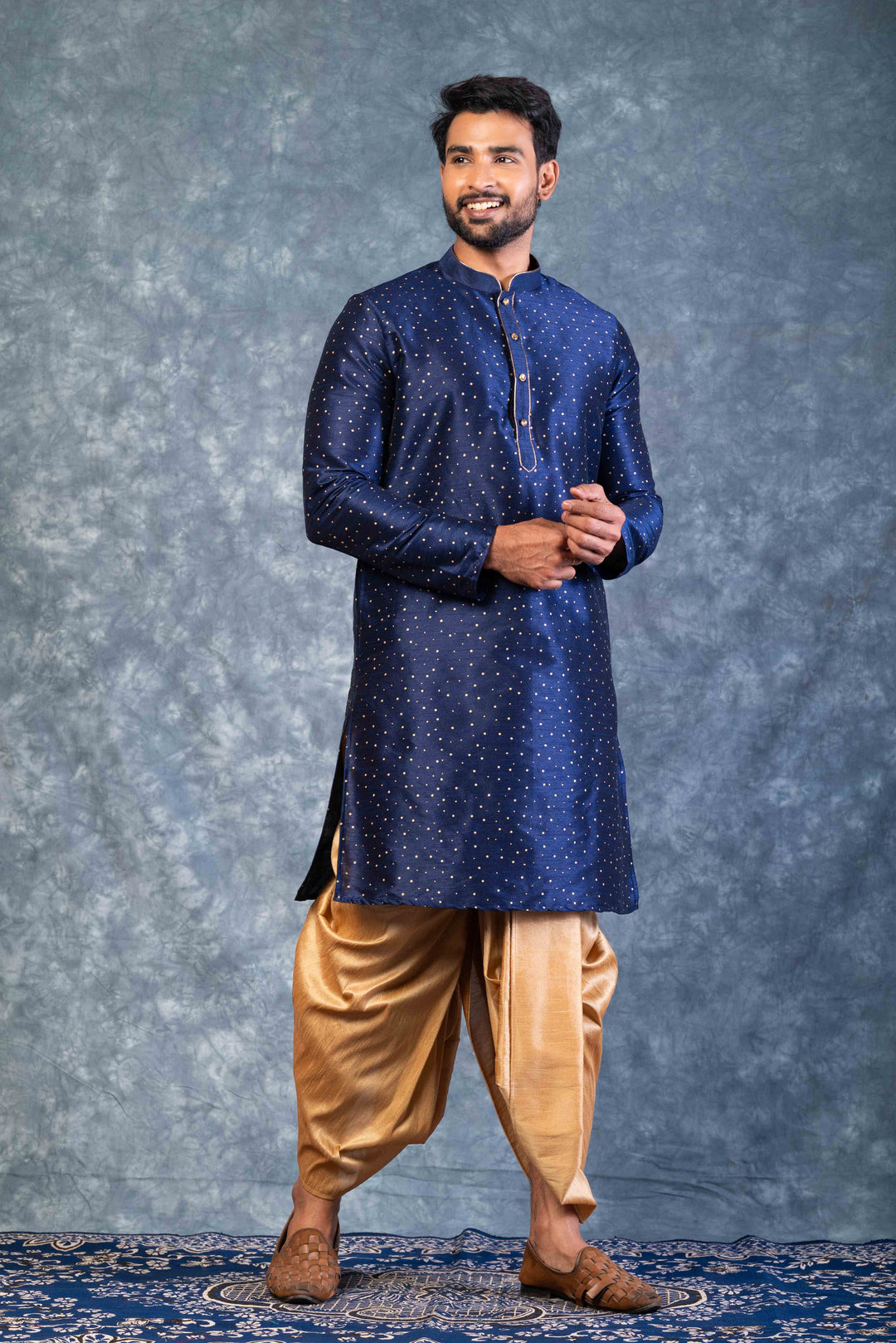 Prakatha Blue Silk Blend Kurta Dhoti Set For Men With Embroidered Work | SHOBITAM