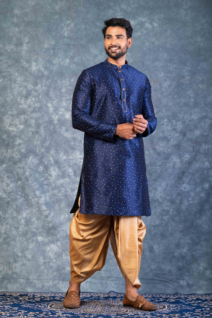 Prakatha Blue Silk Blend Kurta Dhoti Set For Men With Embroidered Work | SHOBITAM