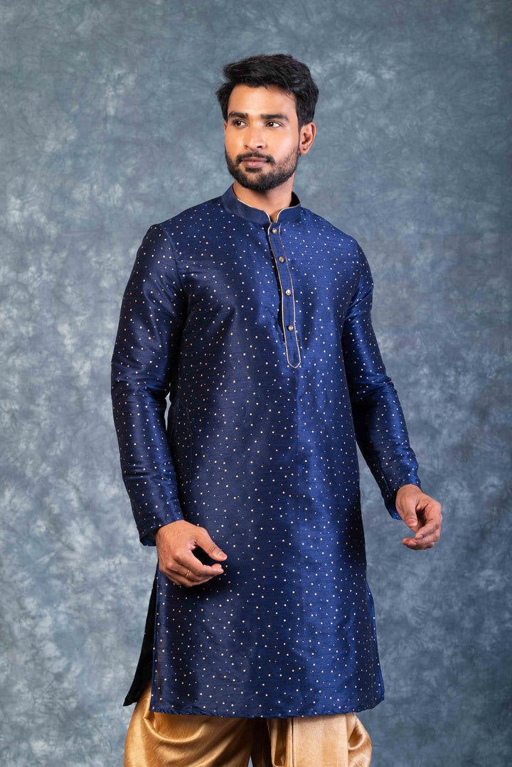 Prakatha Blue Silk Blend Kurta Dhoti Set For Men With Embroidered Work | SHOBITAM