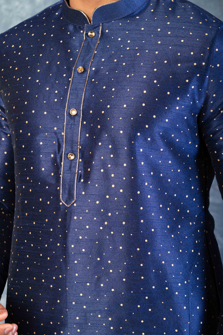 Prakatha Blue Silk Blend Kurta Dhoti Set For Men With Embroidered Work | SHOBITAM