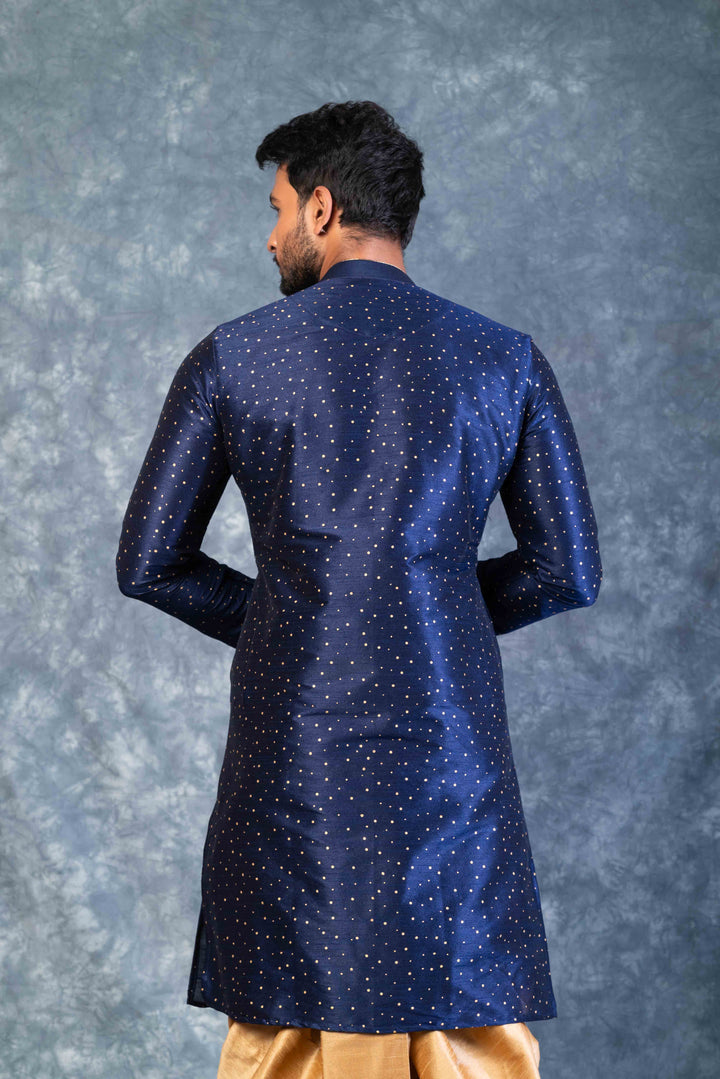 Prakatha Blue Silk Blend Kurta Dhoti Set For Men With Embroidered Work | SHOBITAM