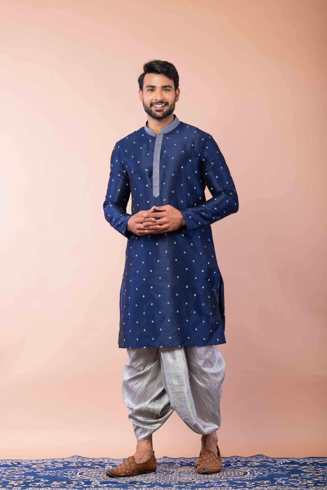 Prakatha Blue Silk Blend Kurta Dhoti Set For Men With Embroidered Work | SHOBITAM