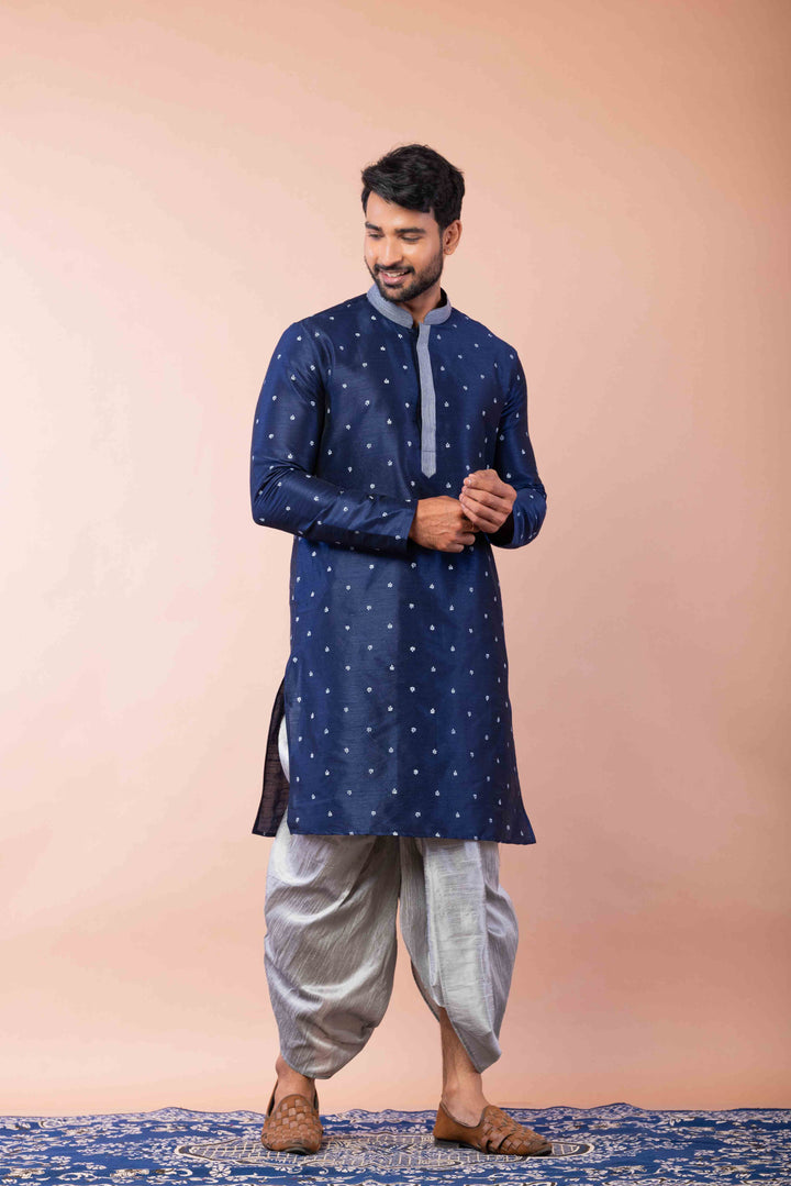 Prakatha Blue Silk Blend Kurta Dhoti Set For Men With Embroidered Work | SHOBITAM