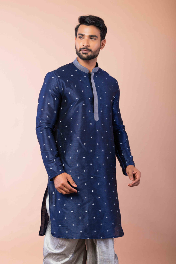 Prakatha Blue Silk Blend Kurta Dhoti Set For Men With Embroidered Work | SHOBITAM