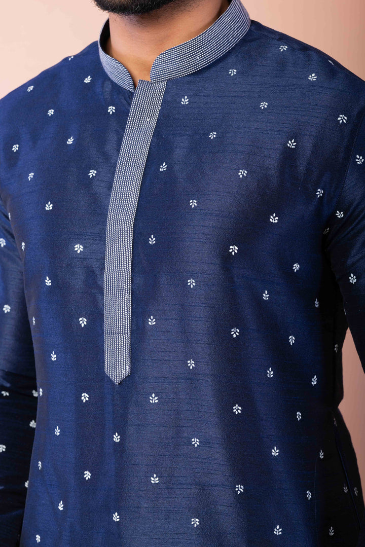 Prakatha Blue Silk Blend Kurta Dhoti Set For Men With Embroidered Work | SHOBITAM