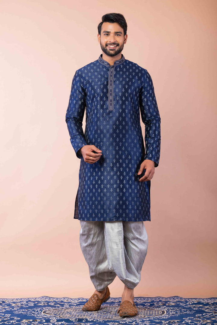 Prakatha Blue Silk Blend Kurta Dhoti Set For Men With Embroidered Work | SHOBITAM