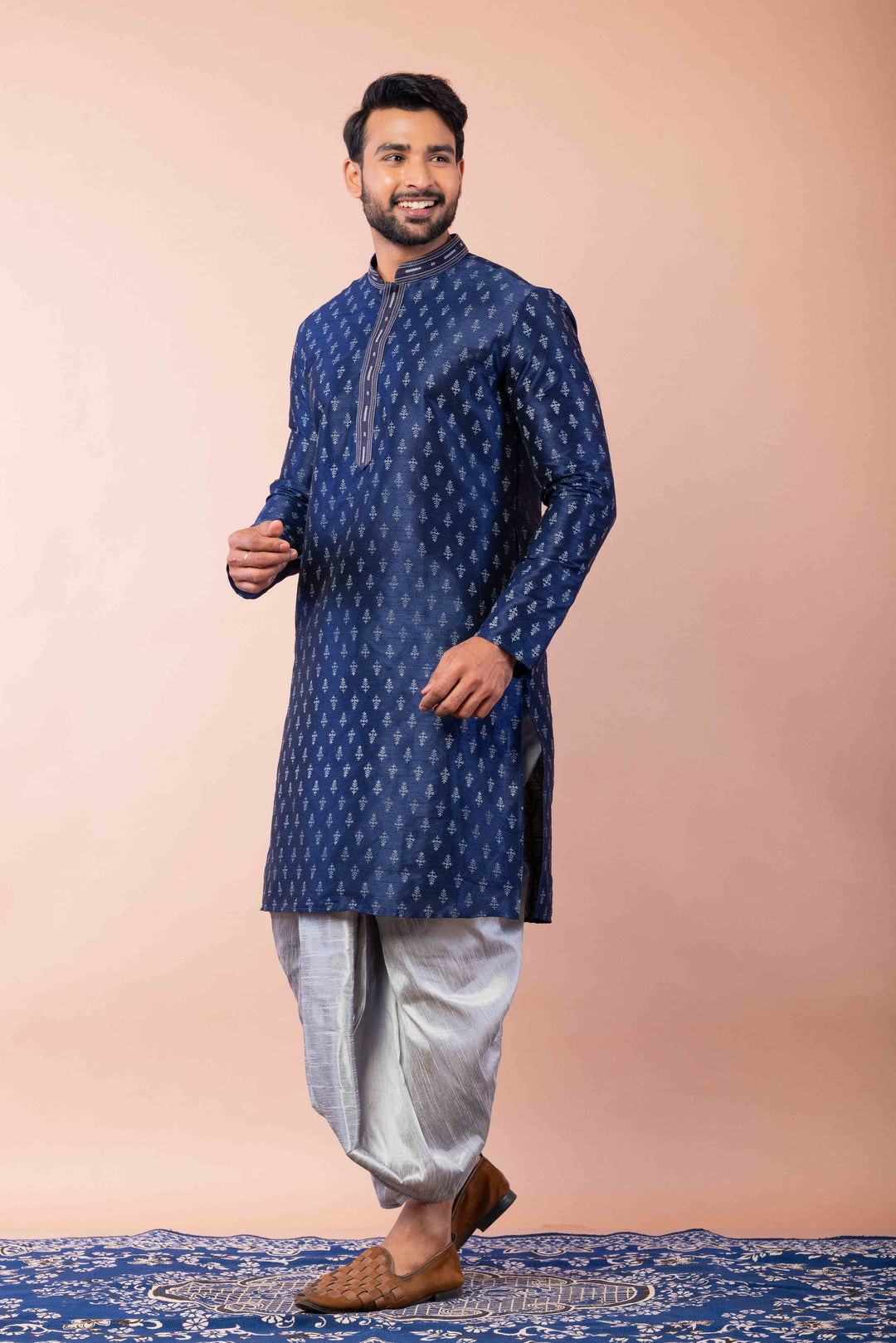 Prakatha Blue Silk Blend Kurta Dhoti Set For Men With Embroidered Work | SHOBITAM