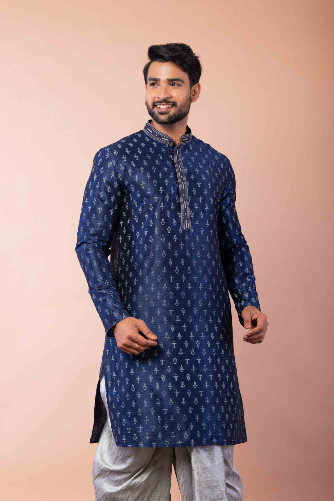 Prakatha Blue Silk Blend Kurta Dhoti Set For Men With Embroidered Work | SHOBITAM