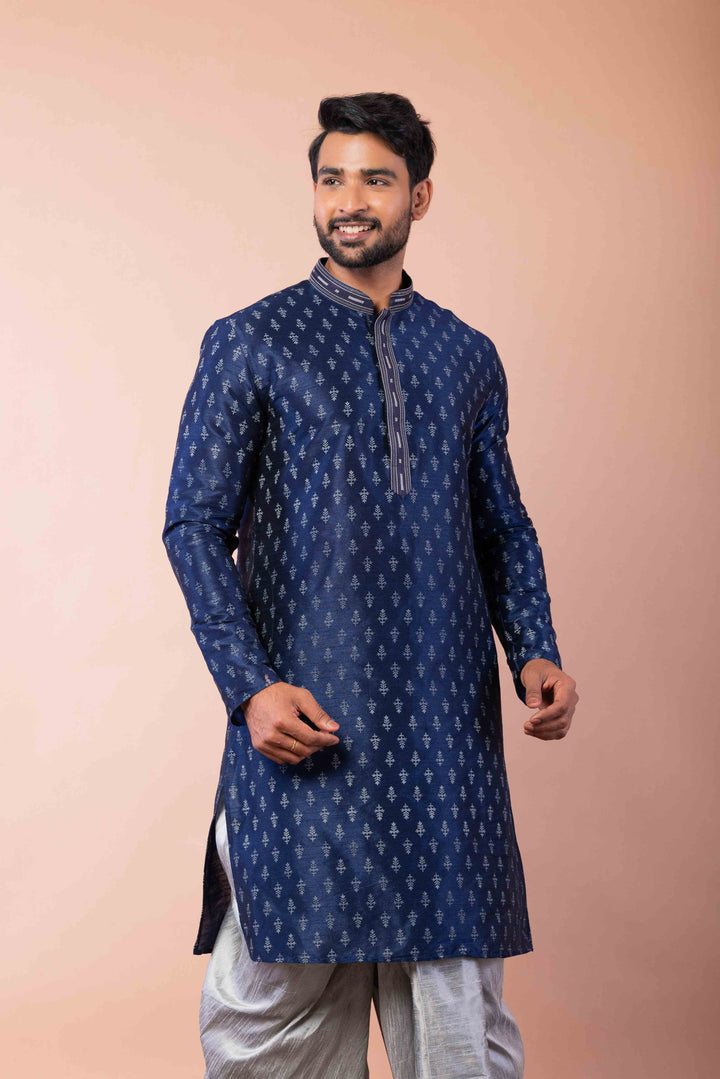 Prakatha Blue Silk Blend Kurta Dhoti Set For Men With Embroidered Work | SHOBITAM