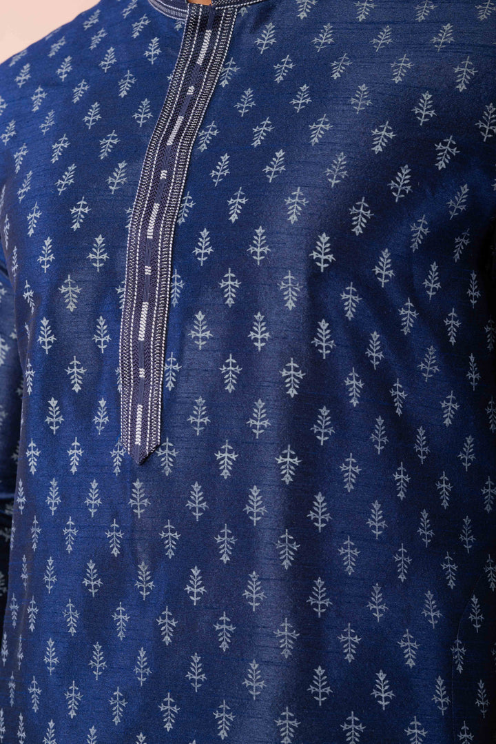 Prakatha Blue Silk Blend Kurta Dhoti Set For Men With Embroidered Work | SHOBITAM