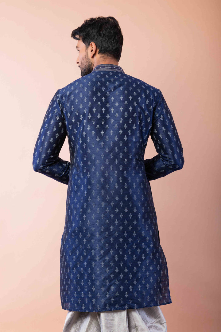 Prakatha Blue Silk Blend Kurta Dhoti Set For Men With Embroidered Work | SHOBITAM