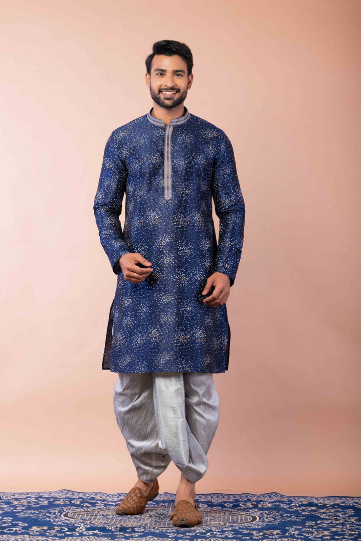 Prakatha Blue Silk Blend Kurta Dhoti Set For Men With Embroidered Work | SHOBITAM