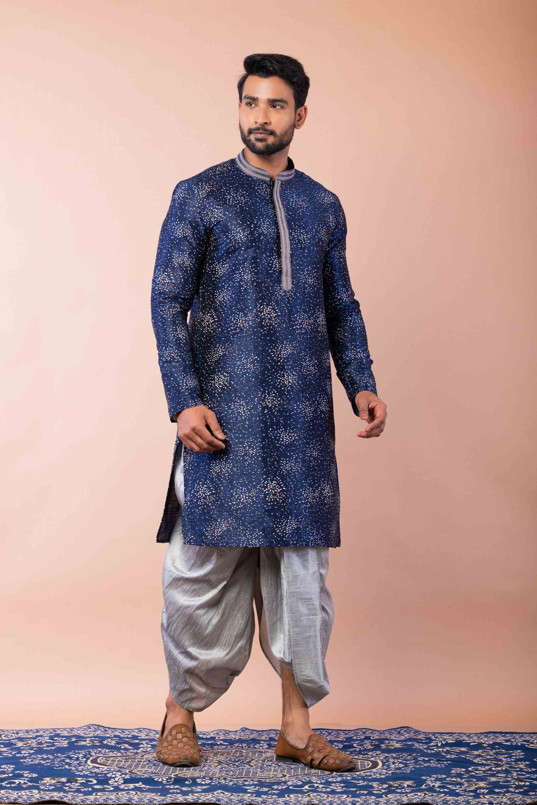 Prakatha Blue Silk Blend Kurta Dhoti Set For Men With Embroidered Work | SHOBITAM