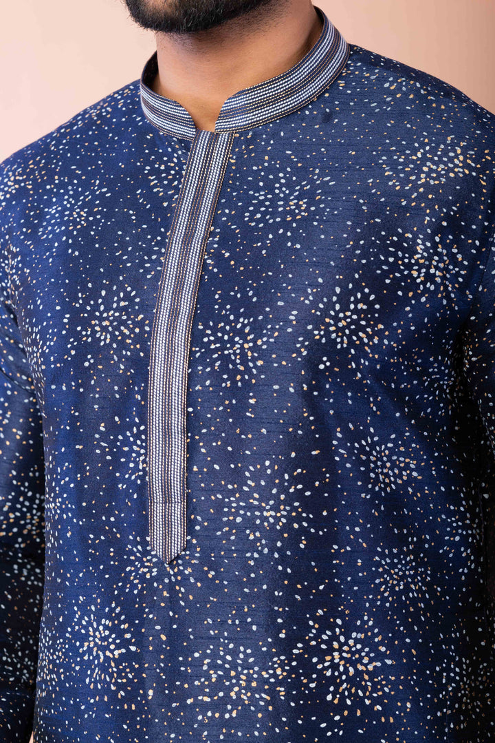 Prakatha Blue Silk Blend Kurta Dhoti Set For Men With Embroidered Work | SHOBITAM