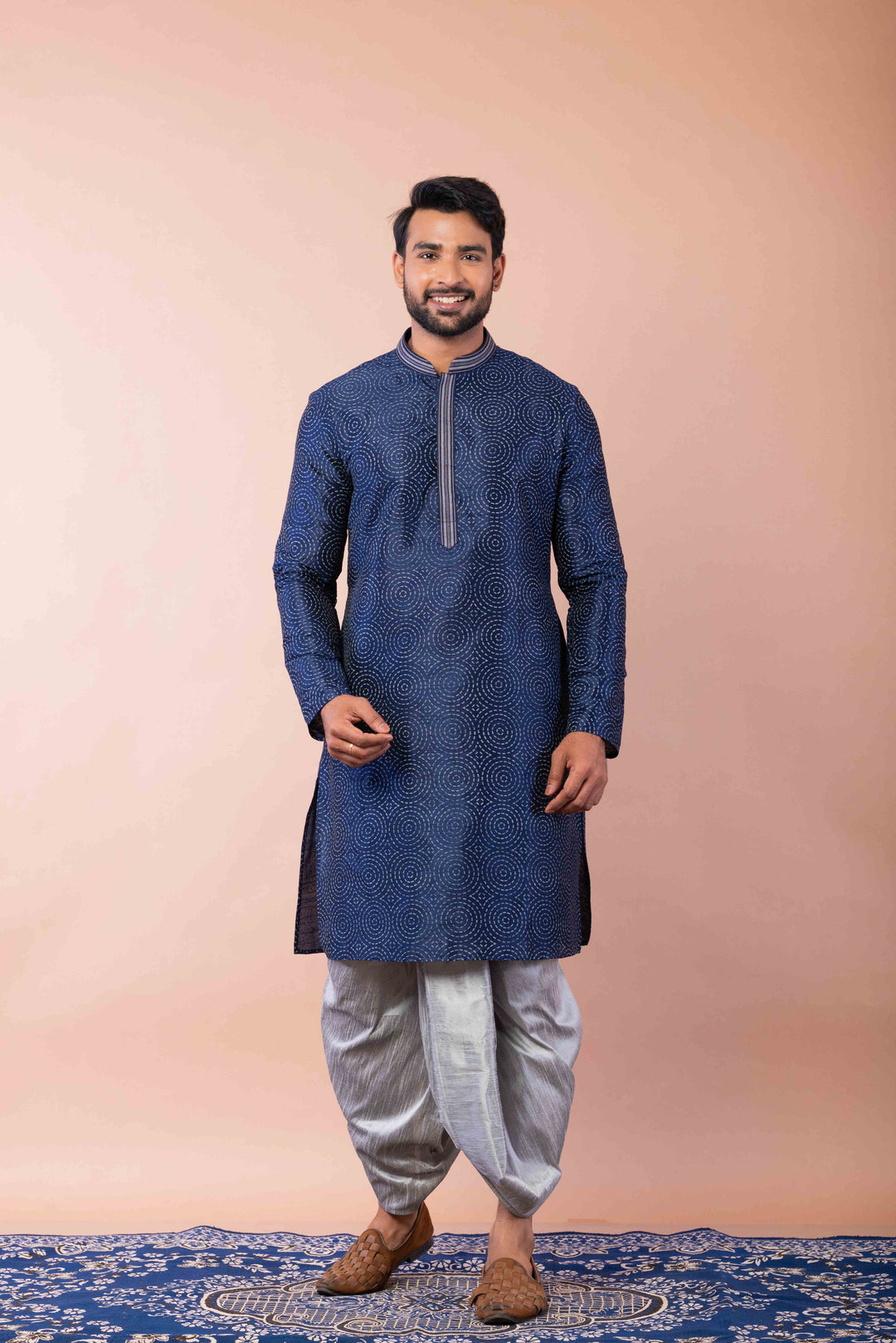 Prakatha Blue Silk Blend Kurta Dhoti Set For Men With Embroidered Work | SHOBITAM