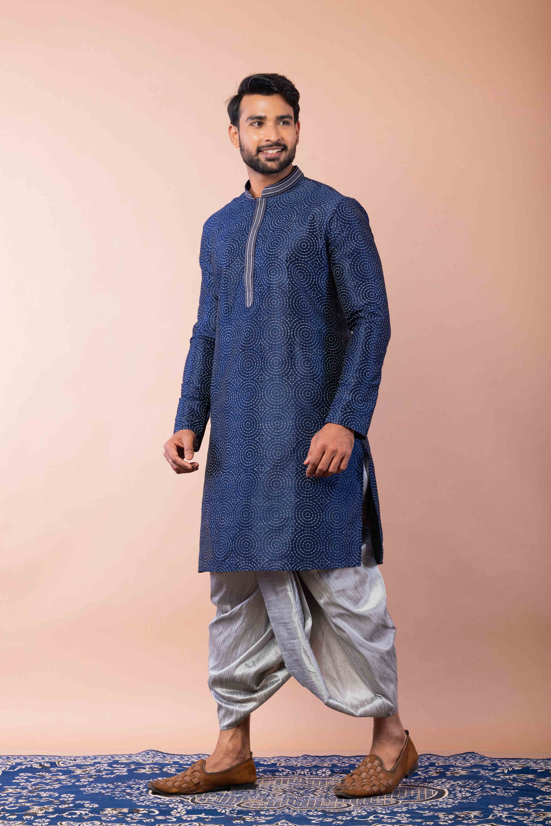 Prakatha Blue Silk Blend Kurta Dhoti Set For Men With Embroidered Work | SHOBITAM