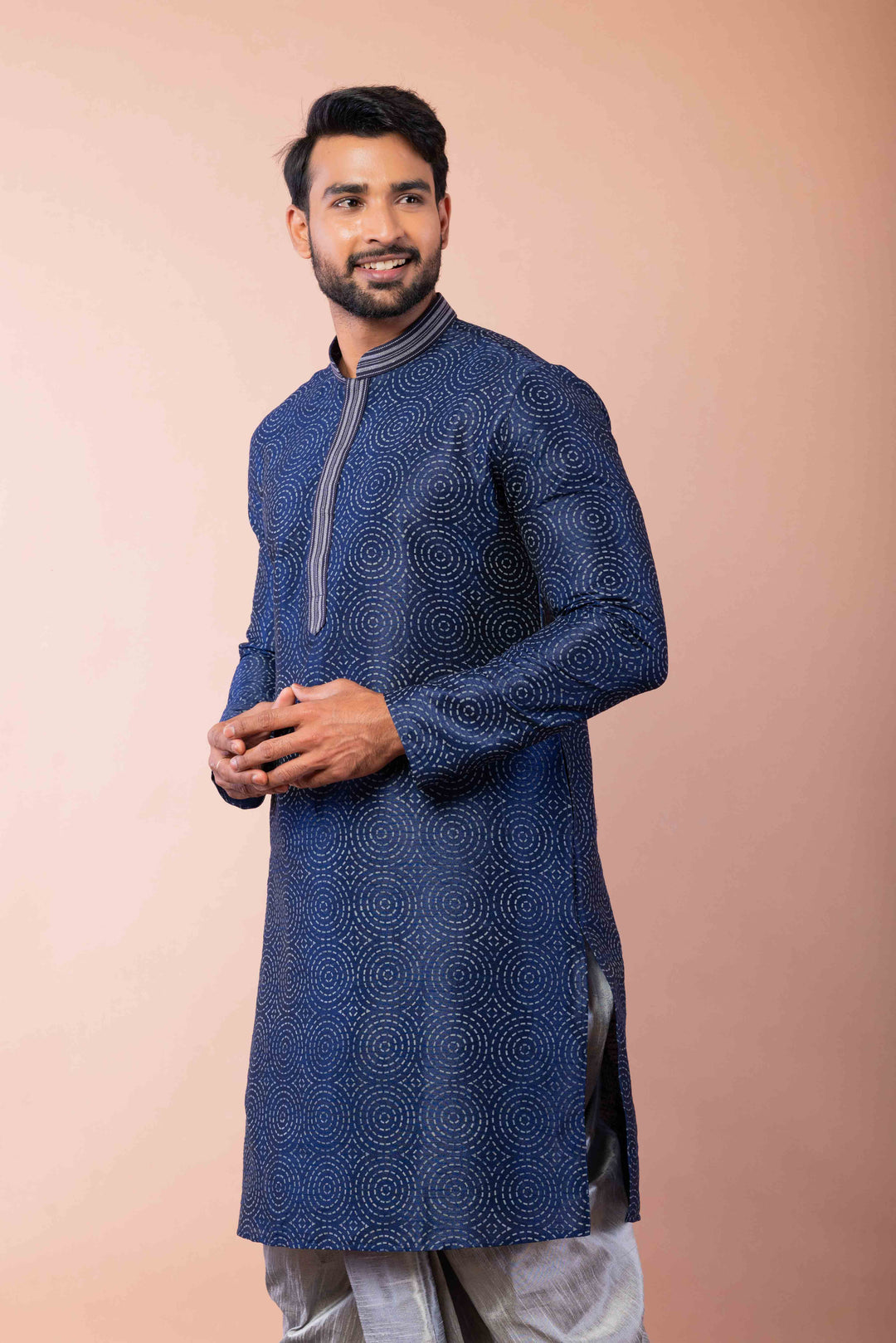 Prakatha Blue Silk Blend Kurta Dhoti Set For Men With Embroidered Work | SHOBITAM