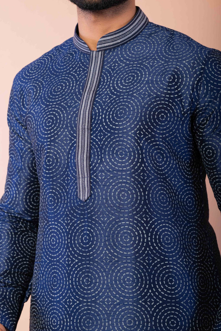 Prakatha Blue Silk Blend Kurta Dhoti Set For Men With Embroidered Work | SHOBITAM