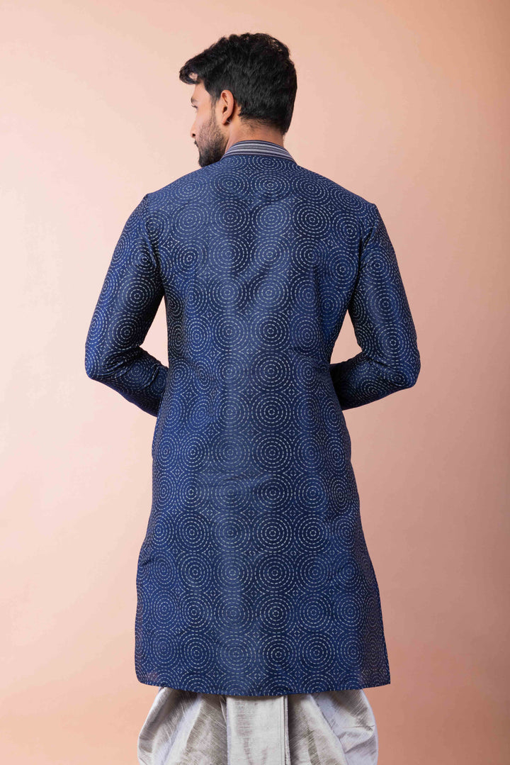 Prakatha Blue Silk Blend Kurta Dhoti Set For Men With Embroidered Work | SHOBITAM