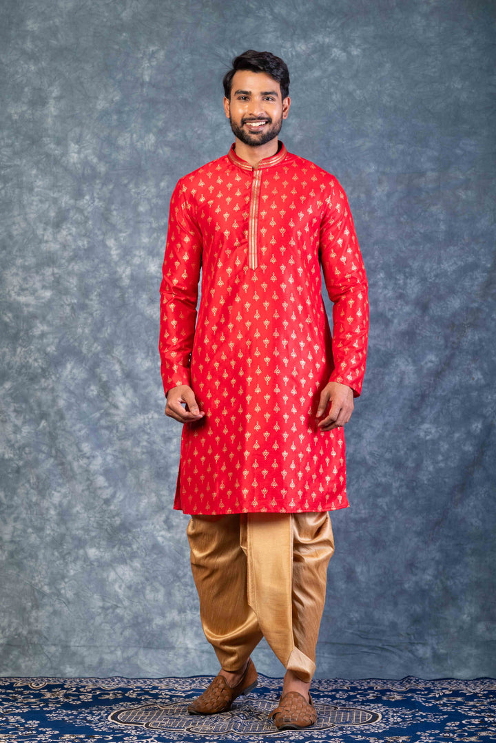 Prakatha Red Silk Blend Kurta Dhoti Set For Men With Embroidered Work | SHOBITAM
