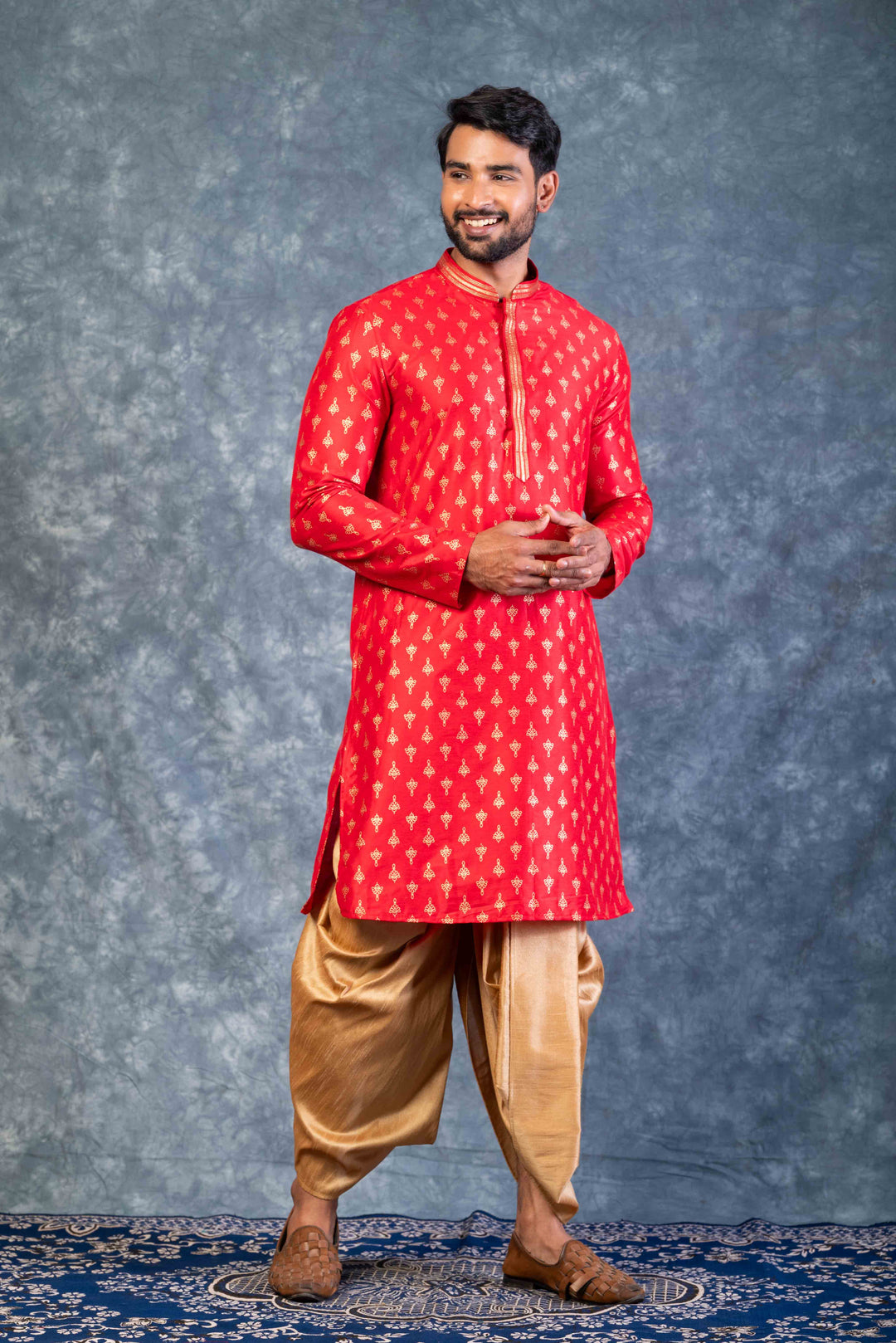 Prakatha Red Silk Blend Kurta Dhoti Set For Men With Embroidered Work | SHOBITAM